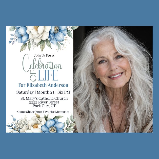 Blue Magnolia and Peony Celebration Of Life Invitation (Blue and white magnolia and peony floral Celebration Of Life invitation 
)