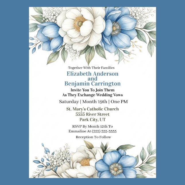 Blue Magnolia and Peony Flower Wedding Invitation (Blue and white magnolia and peony floral wedding invitation with elegant botanical design
)