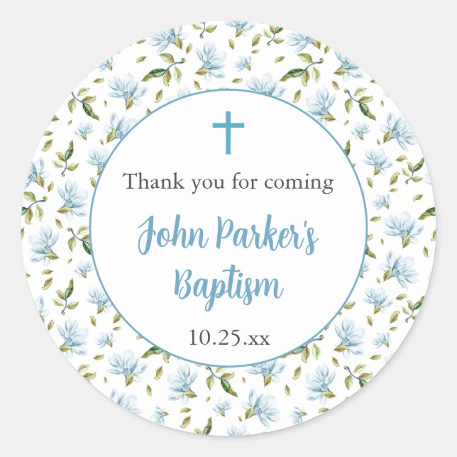 Blue Magnolias boy baptism thank you sticker (Front)