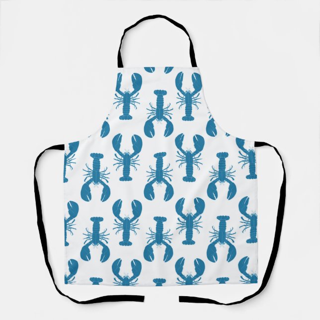 Blue Maine Lobster Patterned White Seafood Apron (Front)