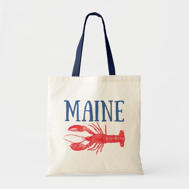 Blue Maine Text Red Watercolor Lobster Tote Bag (Front)