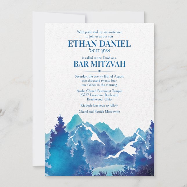 Blue Majestic Mountain Watercolor Bar Mitzvah  Invitation (Front)
