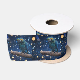 Blue Majesty: The Blue Macaw On Dreamy Blue Bokeh, Satin Ribbon