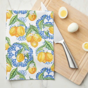 Blue Majolica Tile and Watercolor Lemons Kitchen Towel