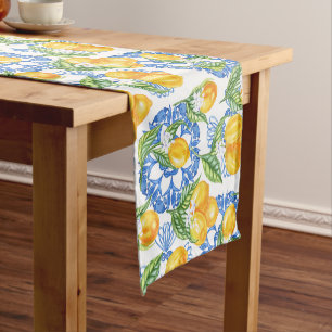 Blue Majolica Tile and Watercolor Lemons Short Table Runner