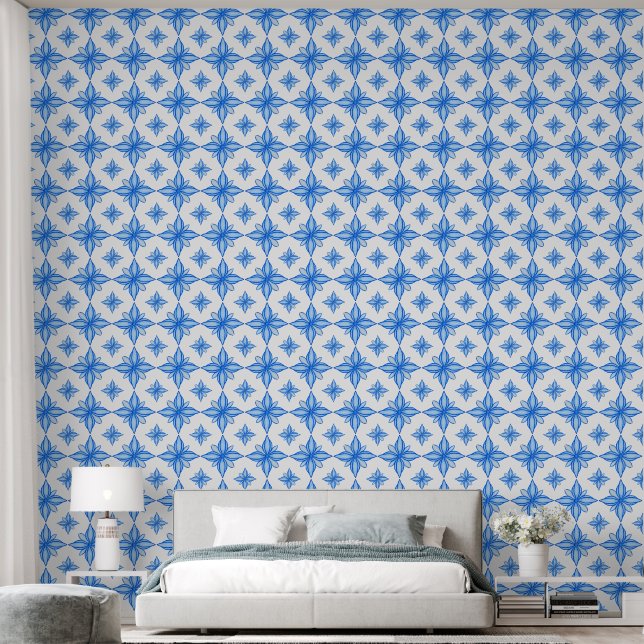 Blue Majolica Tile Pattern Wallpaper (Bedroom)