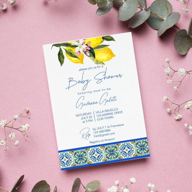Blue Majolica Tiles Lemons Mediterranean Baby Show Invitation (Blue tiles and lemons Baby Shower Invitation Front)