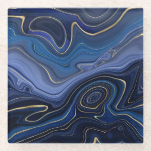 Blue Malachite Golden Accents Luxury Chic Gemstone Glass Coaster