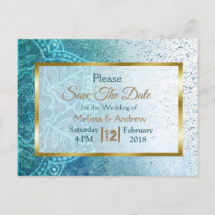 Blue Mandala and Gold Save the Date Postcards
