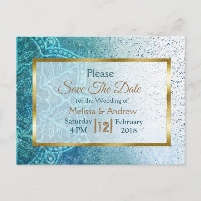 Blue Mandala and Gold Save the Date Postcards (Front)