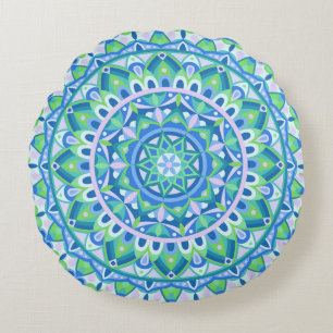 Blue Mandala Boho Meditation Spiritual Hygge Decor Round Pillow