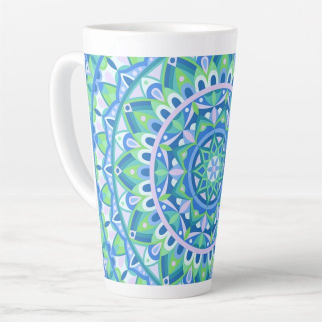 Blue Mandala Boho Spiritual Geometric Pattern Cozy Latte Mug (Left Angle)