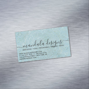 Blue Mandala Floral Script Magnetic Business Card