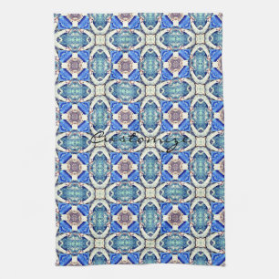 Blue mandala hearts pattern Thunder_Cove Kitchen Towel