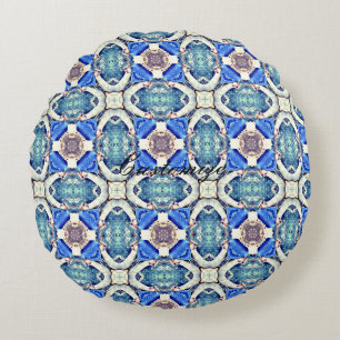 Blue mandala hearts pattern Thunder_Cove Round Pillow