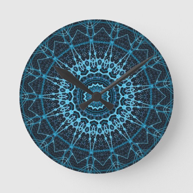Blue Mandala Net Retro Hippie Trippy Boho Chic Round Clock (Front)