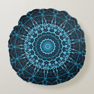 Blue Mandala Net Retro Hippie Trippy Boho Chic Round Pillow