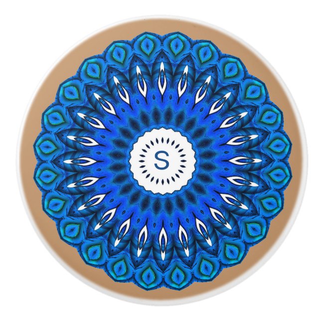 Blue Mandala on Beige with Initial Drawer Knob (Front)