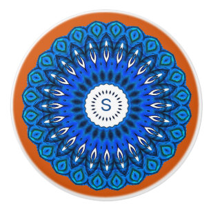 Blue Mandala on Dark Peach with Initial Drawer Ceramic Knob