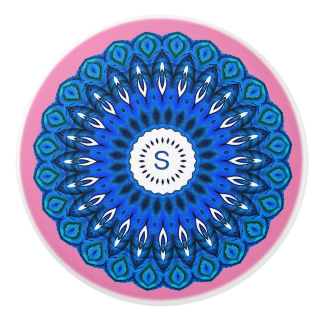 Blue Mandala on Pink with One Initial Drawer Knob (Front)