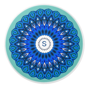 Blue Mandala on Turquoise with Initial Drawer Knob