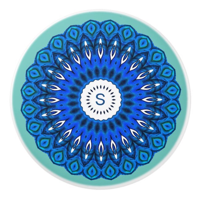 Blue Mandala on Turquoise with Initial Drawer Knob (Front)
