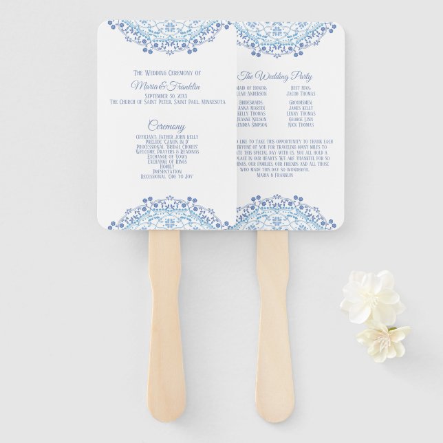 Blue Mandala on White Wedding Program Fan (Front and Back)