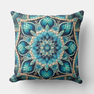 Blue Mandala Pattern: Gentle Mosaic Art Throw Pillow