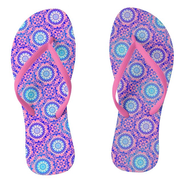 Blue Mandala Pattern Pink Boho  Flip Flops (Footbed)