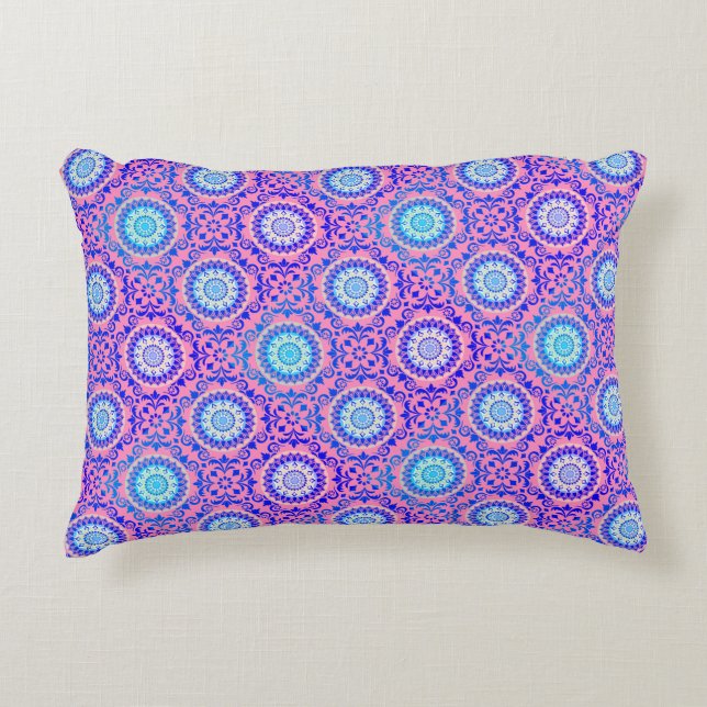 Blue Mandala Pattern Pink Boho Travel and  Accent Pillow (Front)