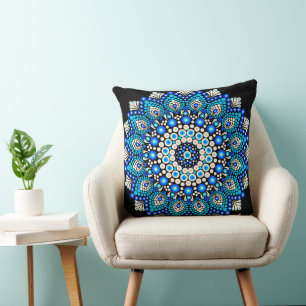 Blue Mandala Pattern Throw Pillow Boho Decorative