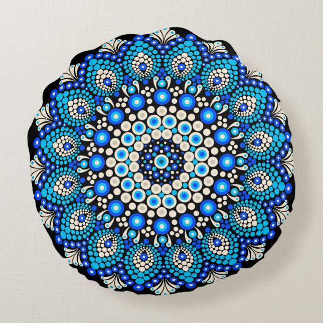 Blue Mandala Pattern Throw Pillow Boho Decorative  (Back)