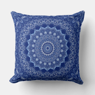 Blue Mandala Pattern with Starburst Symmetry Throw Pillow