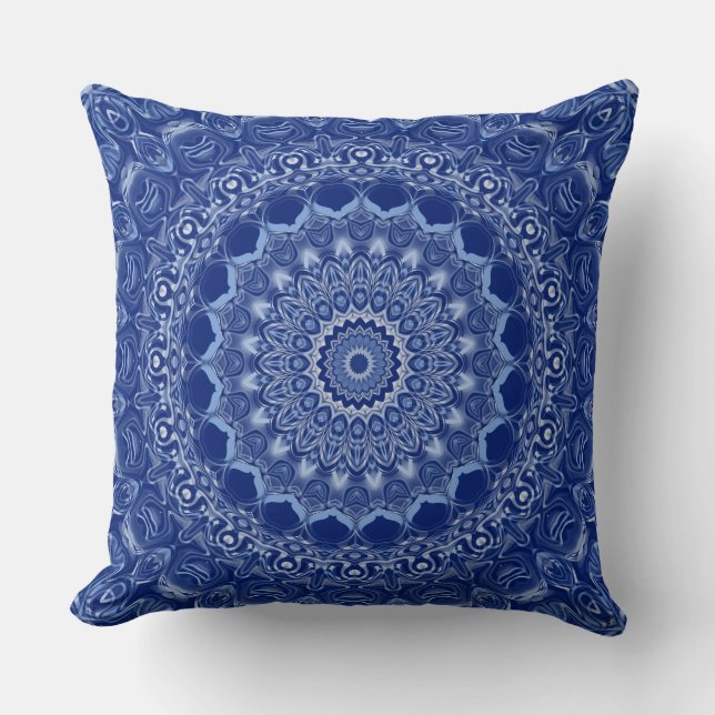 Blue Mandala Pattern with Starburst Symmetry Throw Pillow (Front)