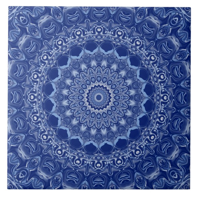 Blue Mandala Pattern with Starburst Symmetry Tile (Front)