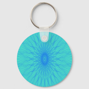 Blue mandala rays on cyan keychain