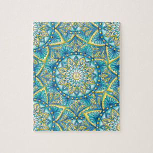 Blue Mandala Yellow Turquoise Pattern Jigsaw Puzzle