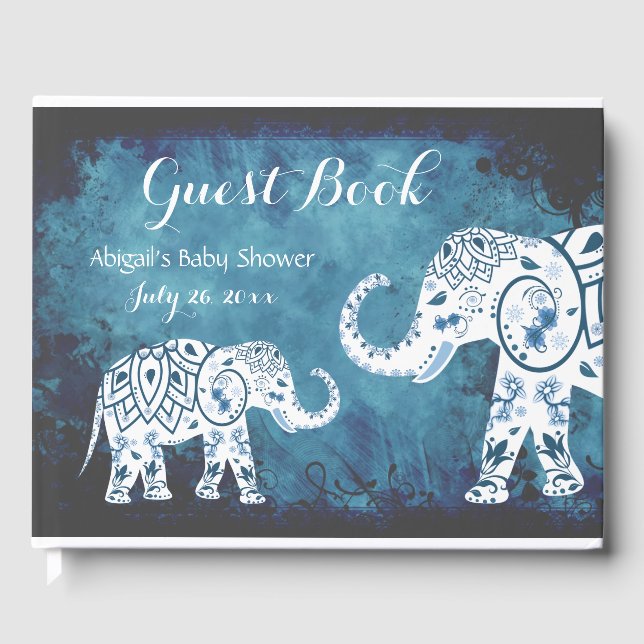 Blue Mandalas on White Elephants Boy's Baby Shower Guest Book (Front)