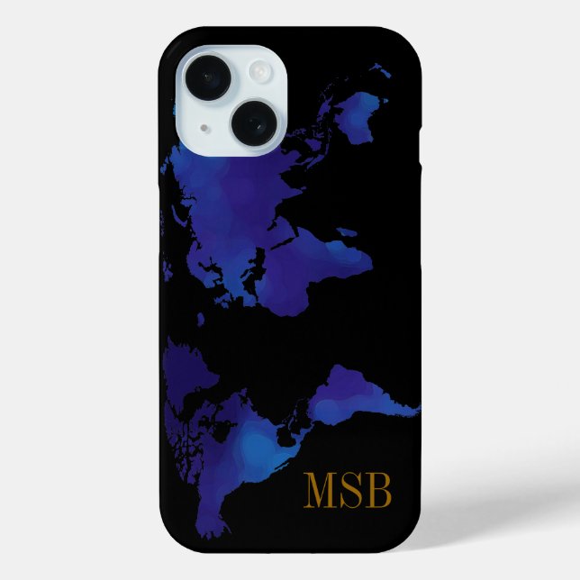 Blue Map of World with Initials Case-Mate iPhone Case (Back)