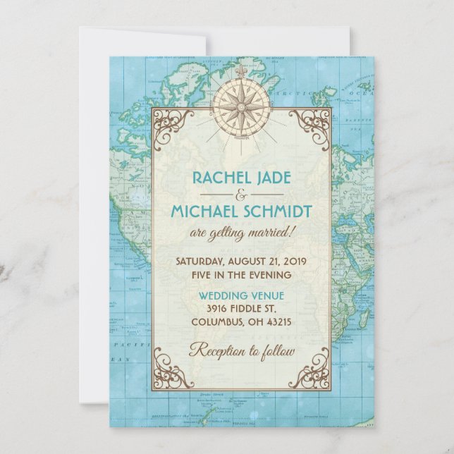 Blue Map Travel Wedding Invitation (Front)