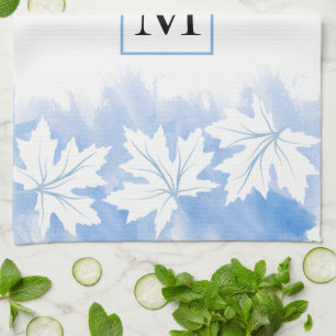 Blue maple leaf watercolor wash and monogram kitchen towel
