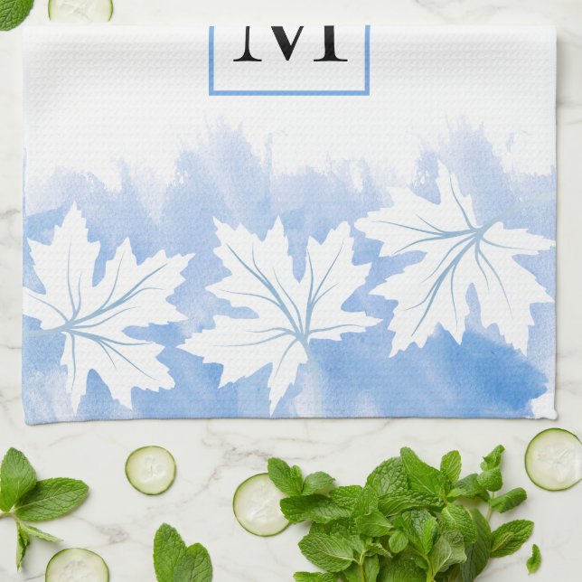 Blue maple leaf watercolor wash and monogram kitchen towel (Folded)