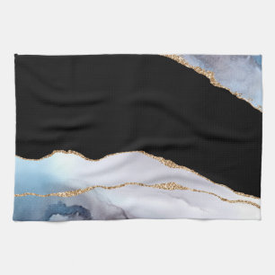 Blue Marble Agate Black Golden Glitter Accents Kitchen Towel