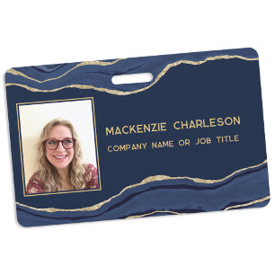 Blue Marble Agate Geode Gold Business Photo ID Badge