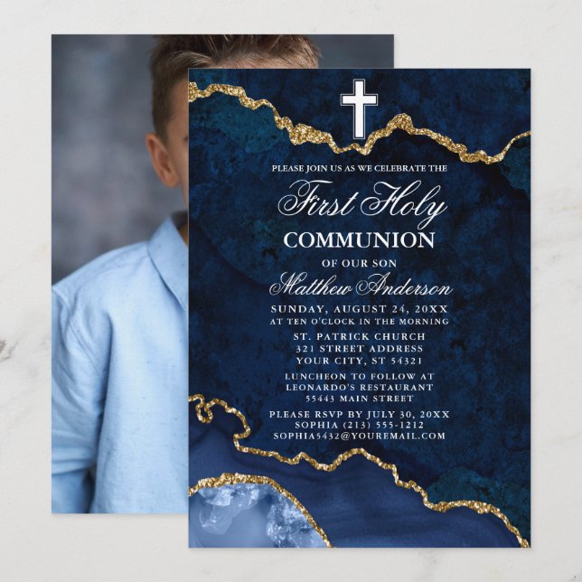 Blue Marble Agate Geode Photo First Holy Communion Invitation (Front/Back)