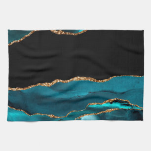 Blue Marble Agate Glamourous Black Golden Glitters Kitchen Towel