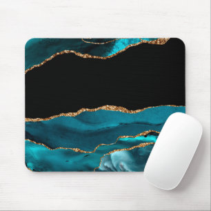 Blue Marble Agate Glamourous Black Golden Glitters Mouse Pad