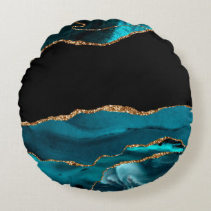 Blue Marble Agate Glamourous Black Golden Glitters Round Pillow