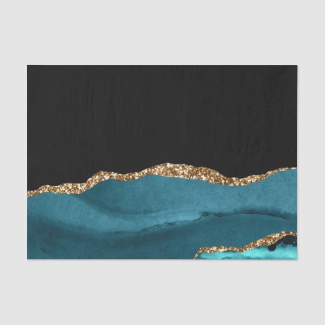 Blue Marble Agate Glamourous Black Golden Glitters Tissue Paper (Front)