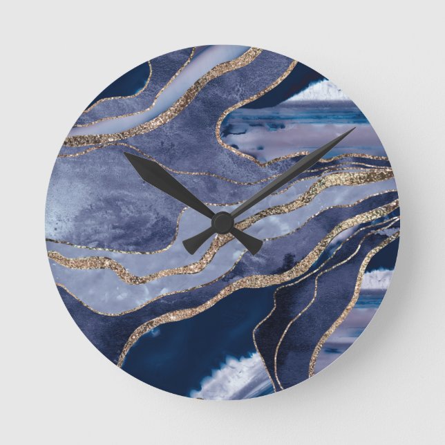 Blue Marble Agate Gold Glitter Glam #1  Round Clock (Front)